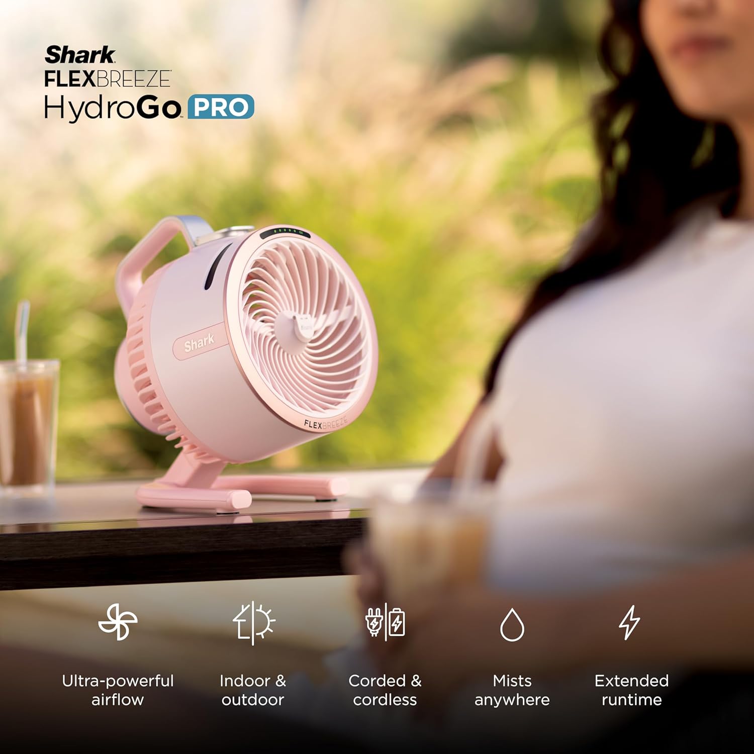 Shark FlexBreeze HydroGo Pro Fan - Powerful portable fan, indoor & outdoor, dry-touch evaporative mist, corded & cordless, 5 speeds