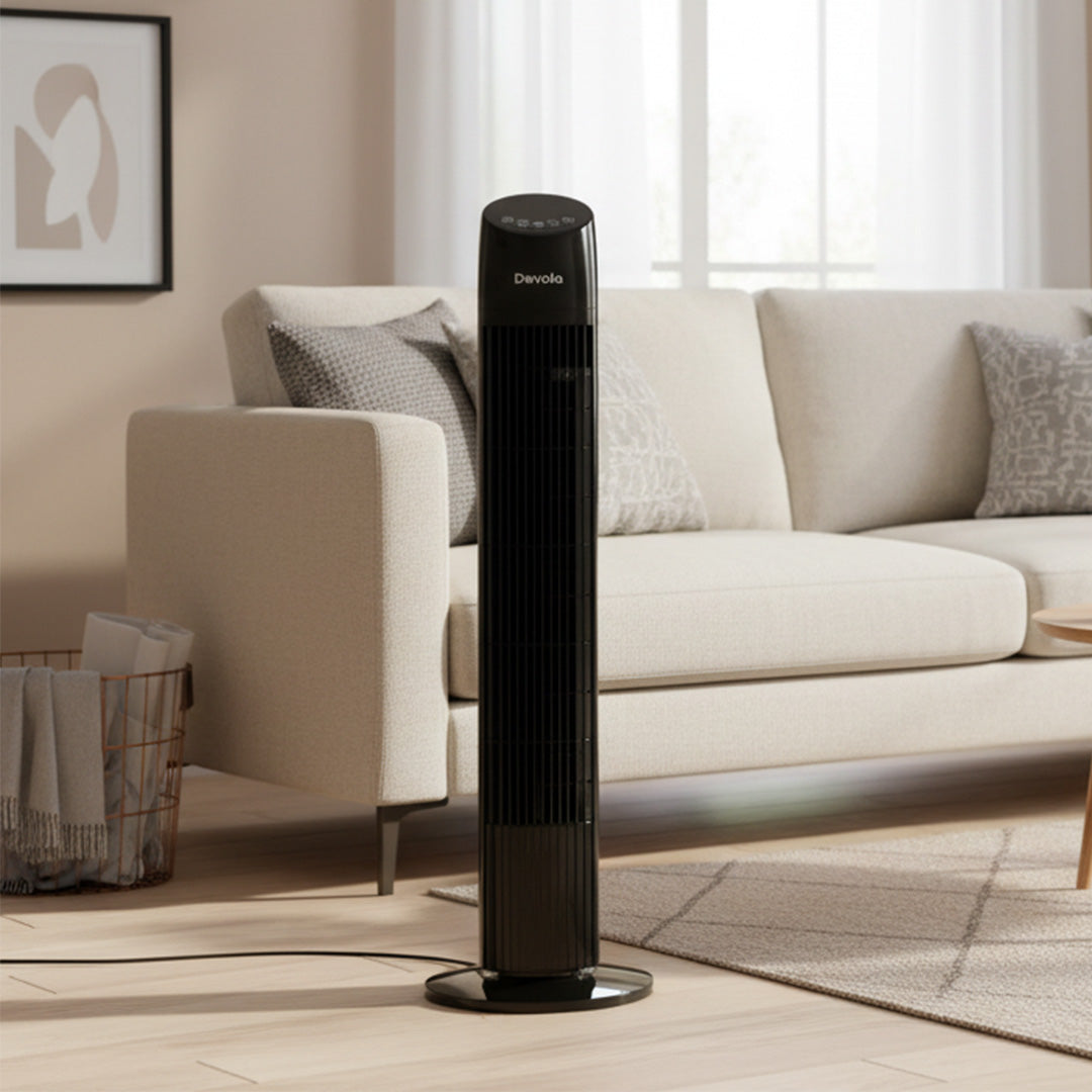 Devola Tower Fan - 3 Speed, 12 Hour Timer, Remote Controlled - Black - DV33TFB