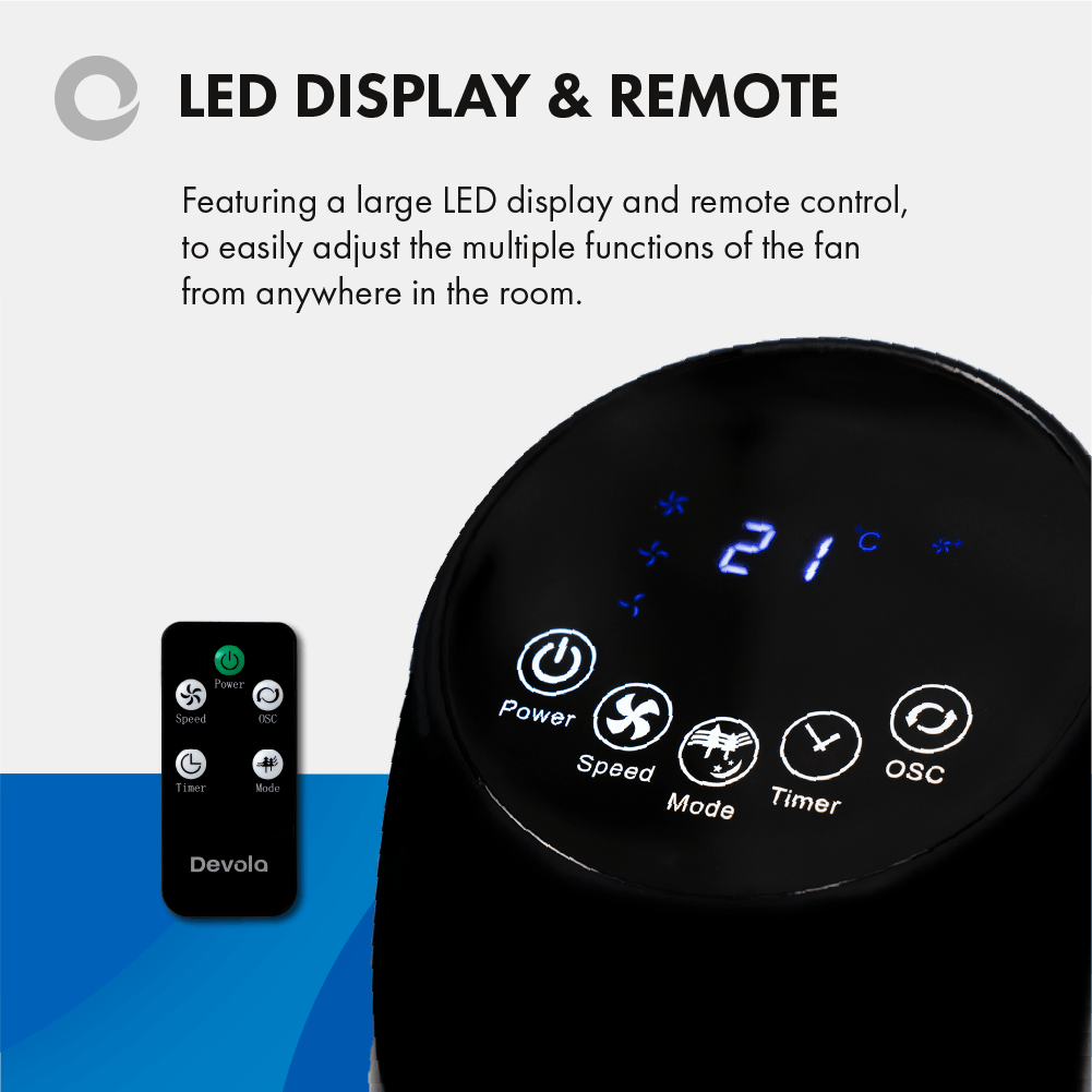 Devola Tower Fan - 3 Speed, 12 Hour Timer, Remote Controlled - Black - DV33TFB