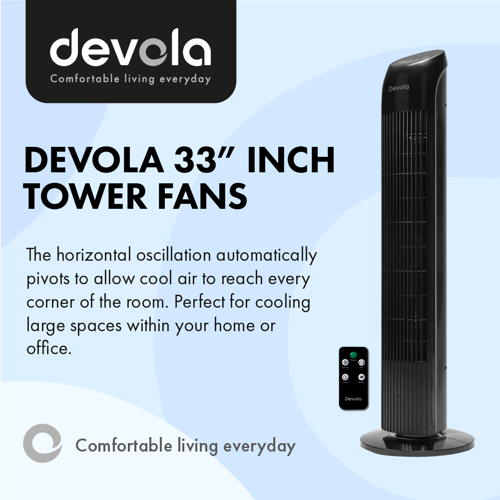 Devola Tower Fan - 3 Speed, 12 Hour Timer, Remote Controlled - Black - DV33TFB