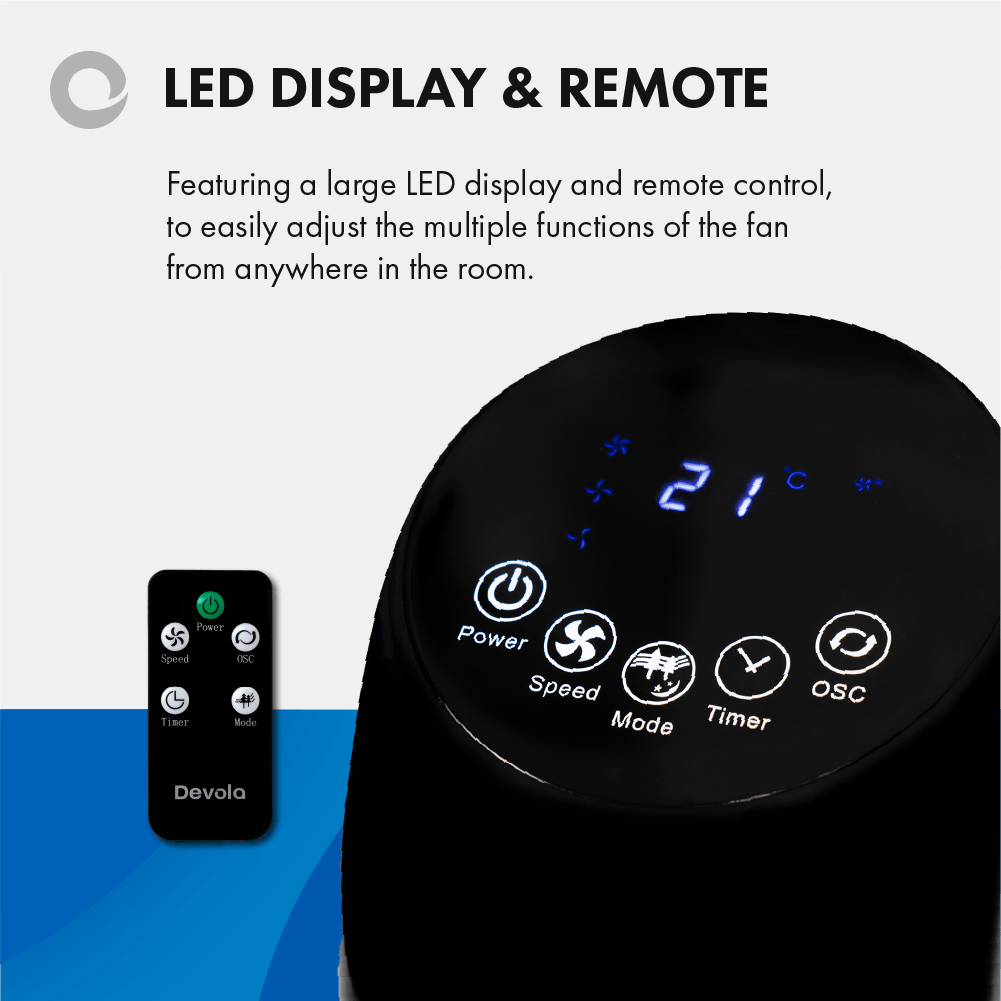 Devola 45W 3 Speed 33-inch Tower Fan With Remote - Black/White - DV33TFBW