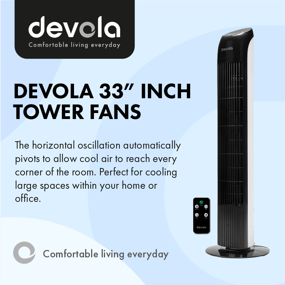 Devola 45W 3 Speed 33-inch Tower Fan With Remote - Black/White - DV33TFBW