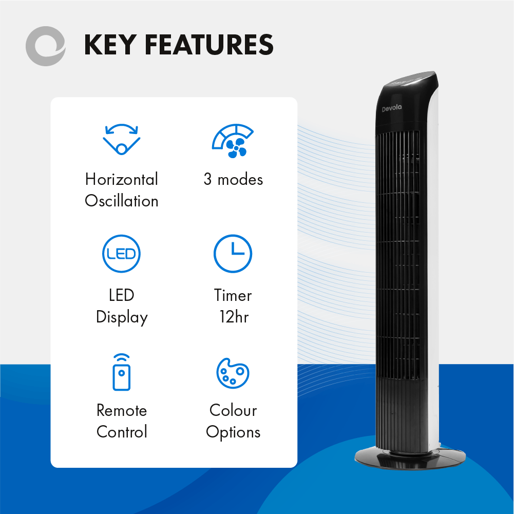 Devola 45W 3 Speed 33-inch Tower Fan With Remote - Black/White - DV33TFBW